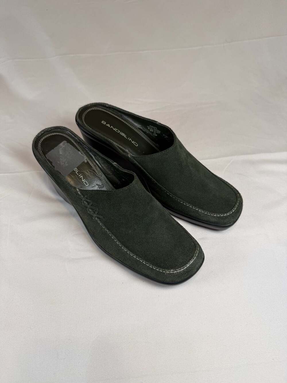 Bandolino Bdarlette Dark Green Suede Leather Wedge Mules Size 7.5M